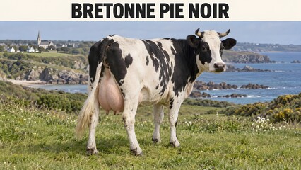 Naklejka premium Small Bretonne Pie Noir dairy cattle from Brittany, known for black-white markings and rich milk.