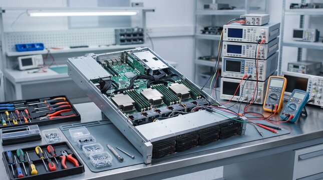 server chassis on electronic diagnostic workbench with specialized test equipment tools and screw organizers in laboratory