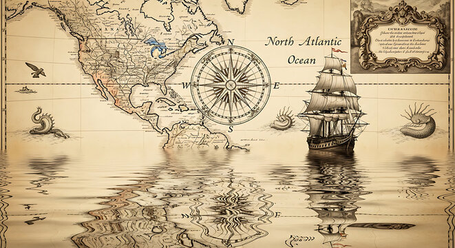 Vintage nautical map of north america with compass rose with america ocean sailing