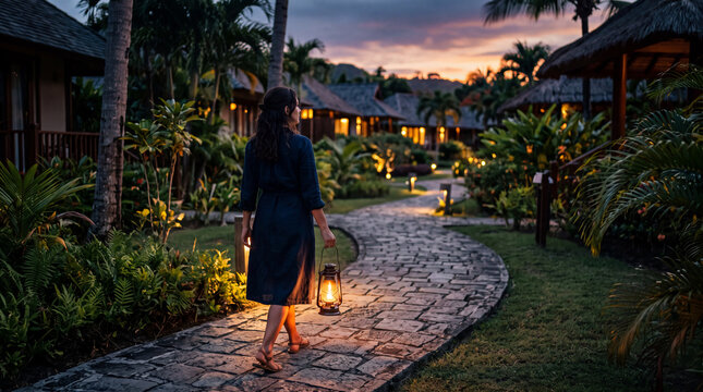 Woman walking on stone path with lantern at tropical resort sunset