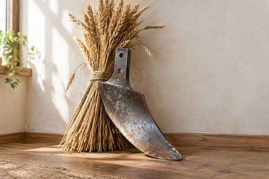 Reforged metal blade shaped into plowshare against dried wheat, peace and farming concept