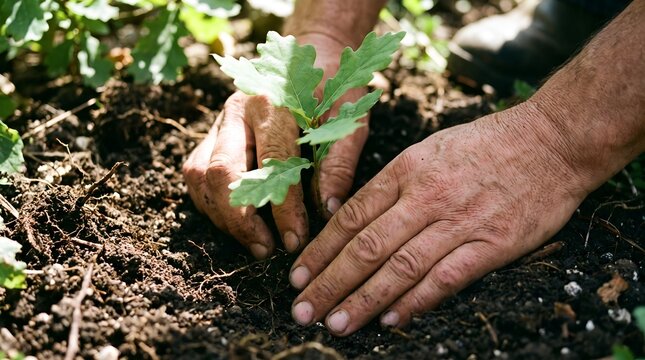 Hands planting small oak sapling in soil