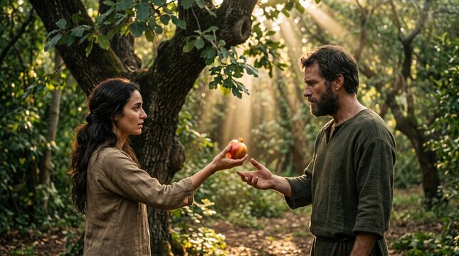 Eve handing forbidden fruit to Adam in paradise forest under morning sunlight, biblical temptation scene photo