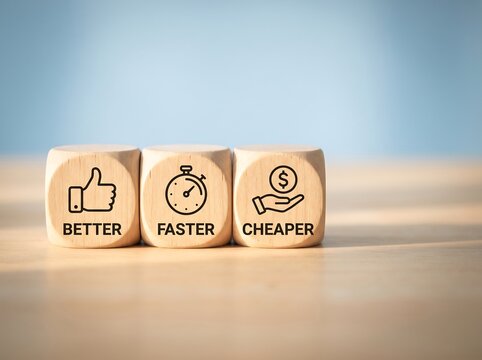 Wooden blocks with icons depicting better faster cheaper concept representing business efficiency strategy and productivity optimization on wooden table surface.