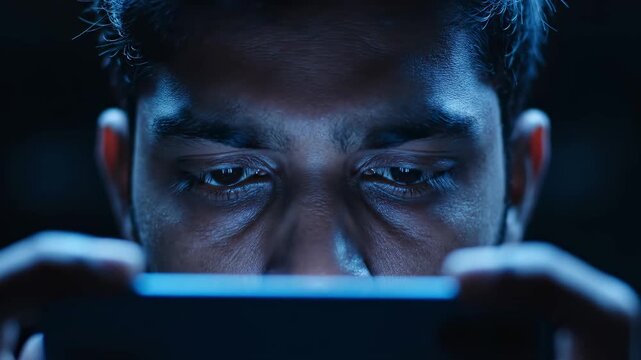 A close-up shows a man's eyes staring at a smartphone in a dark room. The clip features dramatic blue light from the screen, which illuminates his face and creates reflections in his pupils.
