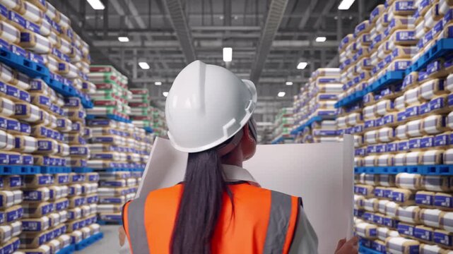 Back of Asian Female Engineer Looking At Blueprint In His Hands While Walking at Warehouse Stacked Cement Bags Pallets