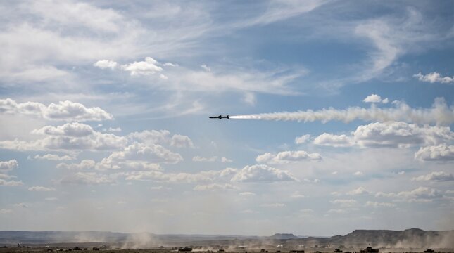 A highly realistic press photograph of a missile flying across the sky during a large-scale military training exercise, captured from far away using an extremely long telephoto lens.