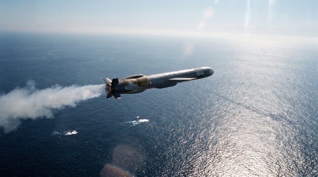 An extremely photorealistic aerial photograph of a modern military missile flying high above a vast deep-blue ocean. The camera is positioned at a considerable distance.