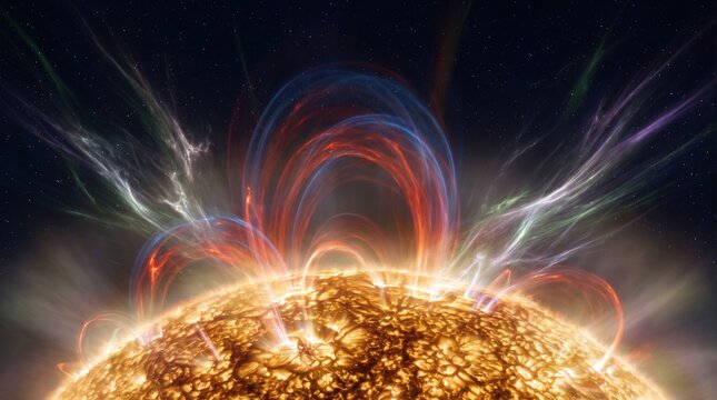 Artistic scientific illustration of the Sun with massive coronal loops and magnetic solar flares in deep space