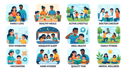 Fototapeta premium Family Wellness and Healthy Lifestyle Vector Illustration Set Featuring Daily Habits and Medical Care Scenes