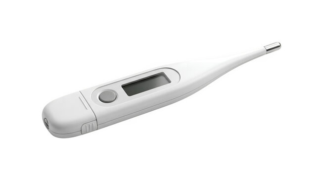 Digital medical thermometer on white background, electronic clinical body temperature gauge, healthcare diagnostic tool for fever