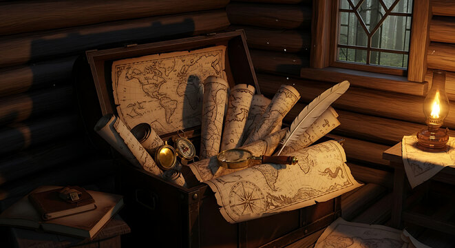 Open wooden chest filled with vintage world maps and navigation tools inside a rustic cabin