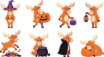 Obraz premium Halloween Moose Mascot Character Set Vector Illustration, Pumpkin Candy Basket Jumping Vampire Cape Cute Flat Design Isolated
