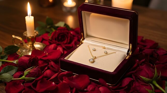 Elegant gold necklace and diamond stud earrings displayed inside a luxury velvet box surrounded by vibrant red rose petals softy