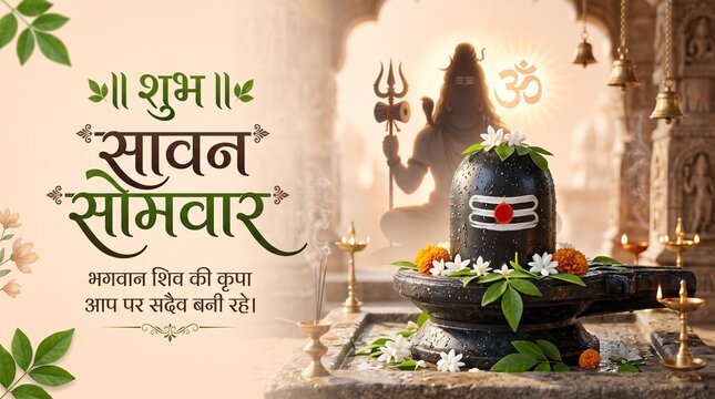 Sawan Somvar Festival Illustration with Shivling Bilva Leaves and Devotional Background