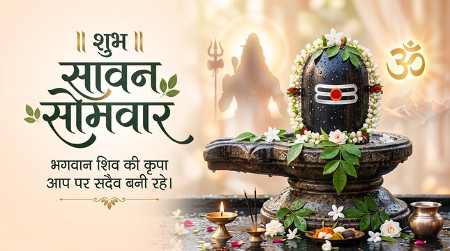 Sawan Somvar Festival Illustration with Shivling Bilva Leaves and Devotional Background