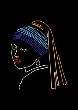 Elegant Neon Line Art Portrait of a Woman with Colorful Hair