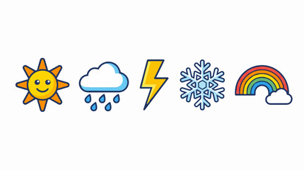 Obraz premium Weather icons set with sun, rain cloud, lightning bolt, snowflake and rainbow. Cartoon meteorology symbols for forecast apps and education.