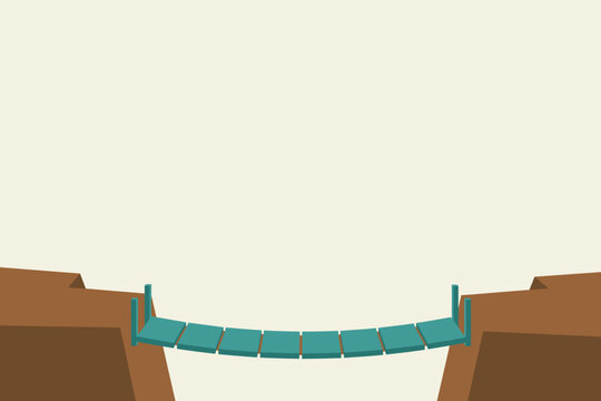 Teal plank rope bridge sagging across a brown canyon on a cream background