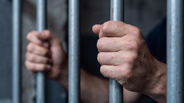Human hand gripping metal jail cell bars with tight grasp, representing criminal justice system, prisoner incarceration and solitary confinement detention.