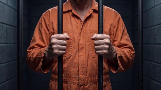 Male prisoner gripping steel bars in a secure correctional facility cell. Detained convict wearing an orange jumpsuit serving a sentence in penitentiary lockup.