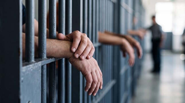 Inmate resting hands between metal prison cell bars in correctional facility. Convict serving criminal sentence behind steel grates inside state penitentiary.
