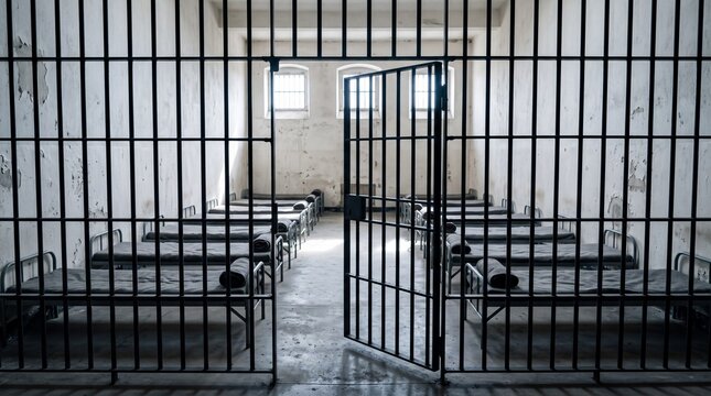Open metal prison cell door with rows of empty cots in a penitentiary ward, representing criminal justice reform, correctional custody and freedom concepts.