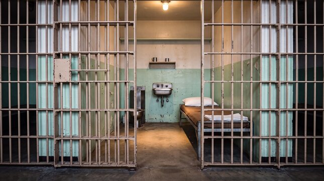 Old prison cell interior with open metal bars, cot bed, and stainless steel sink toilet unit, representing correctional facility detention, criminal justice, and solitary confinement.