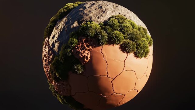 A sphere with textures of cracked earth, rock, and moss rotates in a dark space. The animation features detailed, realistic textures and soft, dramatic lighting.