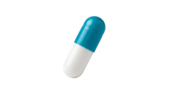 Medical capsule pill on white background. Blue and white antibiotic medicine tablet. Pharmaceutical healthcare supplement.