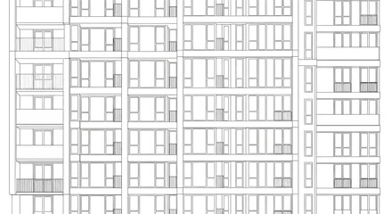 Fototapeta premium Detailed architectural wireframe drawing depicts the repetitive facade of a high-rise building, showcasing numerous windows and balconies across multiple floors in a grid-like pattern.