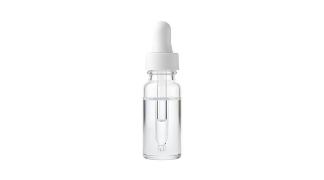 Clear glass dropper bottle with white cap, cosmetic serum vial on white background, medical liquid pipette container for skincare