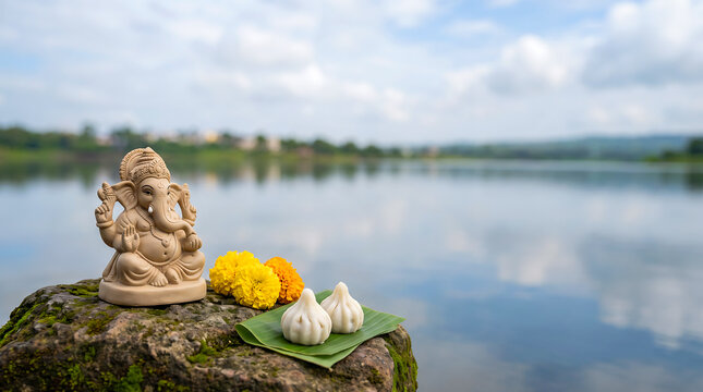 Eco-friendly eco Ganesha idol on rock near serene lake with modaks and Marigold flowers for Ganesh Chaturthi celebration with copy space. Miniature Plant-Based Clay Ganesha Outdoors.