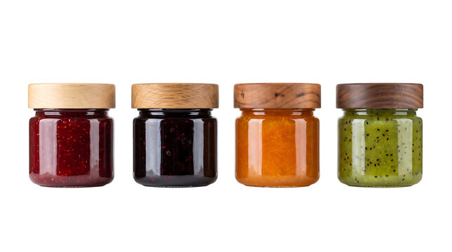 Four glass jam jars with wooden lids arranged in a row isolated element on transparent background