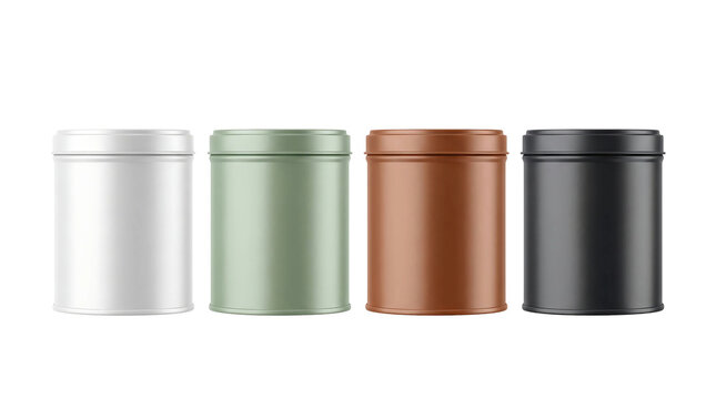 Four metal tea and coffee cans in various colors arranged in a row isolated element on transparent background