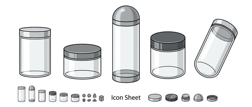 Collection of clear containers with lids, isolated