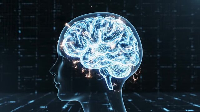 A digital blue brain forms within a head silhouette surrounded by radiating light streaks. The visualization uses volumetric lighting and particle effects to depict neural data processing.