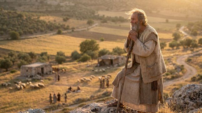 Biblical patriarch watching over his descendants village and grazing sheep at golden hour
