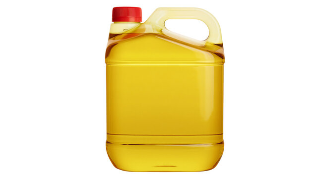 Large clear plastic jug with yellow cooking oil and red cap, isolated on transparent background
