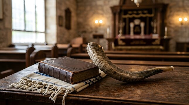 Shofar, prayer book, and tallit on a wooden table in an ancient synagogue