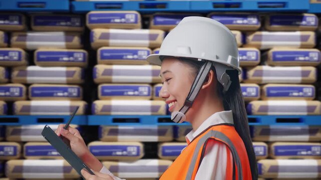 Side View of Asian Female Engineer Taking Note on Tablet While Walking at Warehouse Stacked Cement Bags Pallets