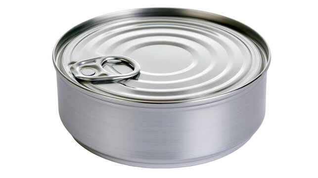 Round metal food can with pull tab, isolated on transparent background