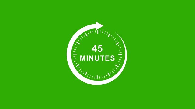 Dynamic animated circular timer clock counting down minutes with a sleek minimalist white isolated on a vibrant chroma key green screen background, for easy compositing