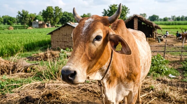 A brown zebu cow standing in a rural farm field in India.