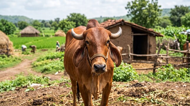 A brown cow standing in a rural village farm in India.