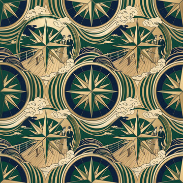 Elegant art deco seamless pattern featuring vintage nautical compasses and a romantic couple on a cruise ship deck in a sophisticated dark green and gold color palette for luxury decor