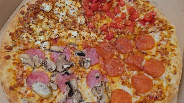 Pizza with different toppings displayed in a box from a restaurant