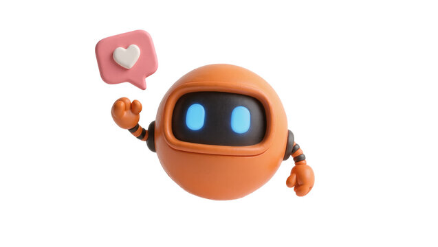 Orange cartoon robot with blue eyes holding a pink speech bubble with a white heart, isolated on transparent background