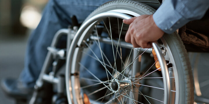 A close-up shot of a person's hand resting on the wheel of a wheelchair. The person is wearing jeans and a blue shirt, suggesting they are navigating the world from their wheelchair