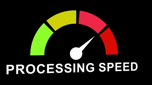 Dynamic processing speed gauge animation featuring a moving needle indicator on a color-coded scale representing performance metrics, data throughput, and system efficiency for modern technology